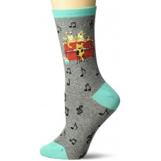 K. Bell Piano Cats Crew Socks 1 Pair, Gray Heather, Womens Sock Size 9-11/Shoe Size 4-10